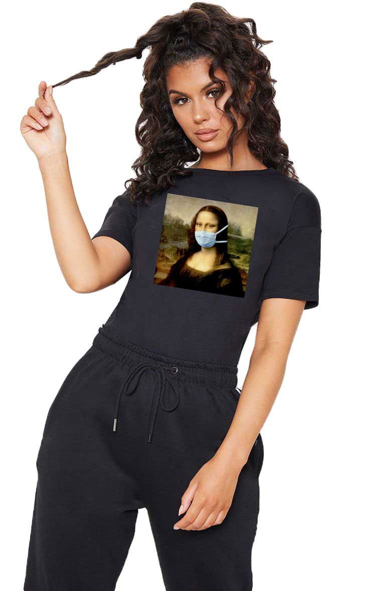Tricou dama negru - Mona Lisa in Pandemie - CATEGORIE